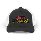 Moto-Obscura Pink/Yellow Embroidered Logo Snapback Trucker Cap - Yupoong 6606