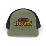Moto-Obscura Pink/Yellow Embroidered Logo Snapback Trucker Cap - Yupoong 6606